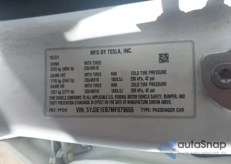 2021 Tesla Model 3 Long Range Dual Motor All-Wheel Drive from USA, damaged, VIN 5YJ3E1EB7MF079656